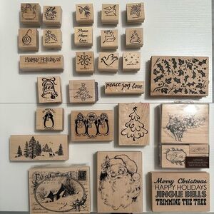 New and lightly used Wooden Holiday Stamp lot large/small Santa Christmas Crafts